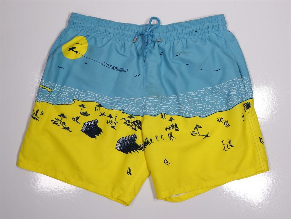 Vilebrequin Mens Yellow Green Beach Scene Mahina Swim Trunks XXL